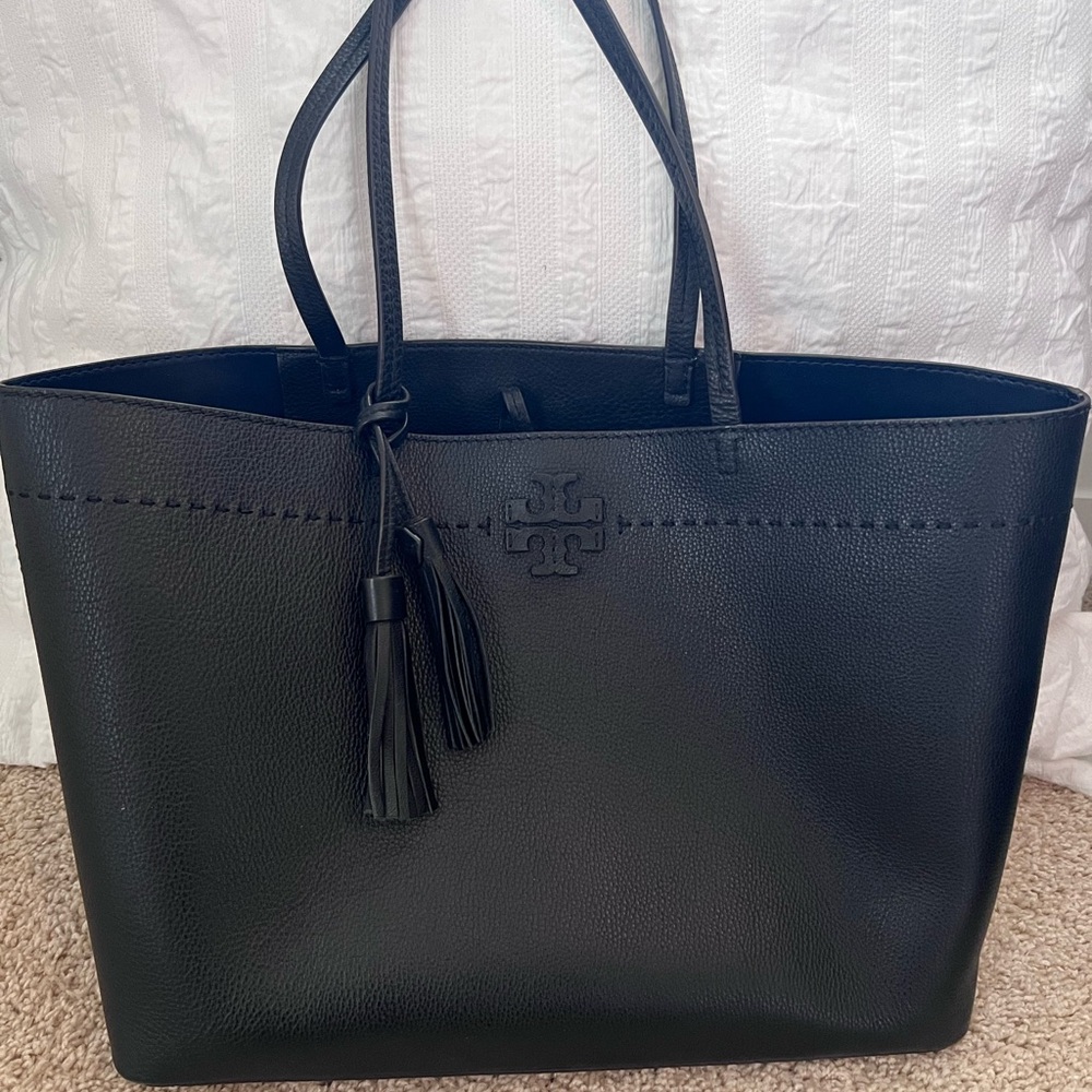 Tory Burch Black Structured Tote with Perforated Design